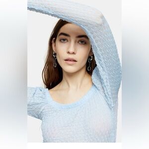 Topshop Light Blue Textured Long Sleeve Blouse